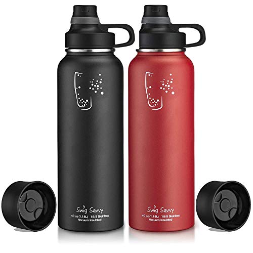 Swig Savvy BPA-Free Leak-Proof Stainless Steel Wide Mouth Insulated Water Bottle with Interchangeable Caps, 2 Pack, Combo 40oz
