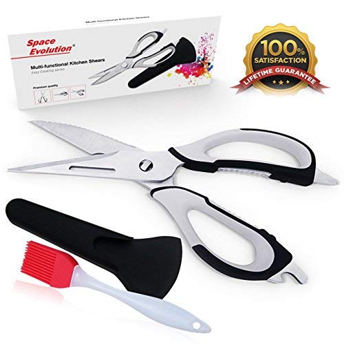 Kitchen Shears Poultry Scissors Set, BEST Cutting Aid with Stainless Steel Heavy Duty Blades and Large Handles FREE Basting Brush Included for Glazing and Food Marinade by Space Evolution