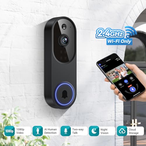 1080p Smart Video Doorbell Camera Wireless, Doorbell Receiver Included, Live View, AI Human Detection, 2.4G WiFi, Night - Additional View