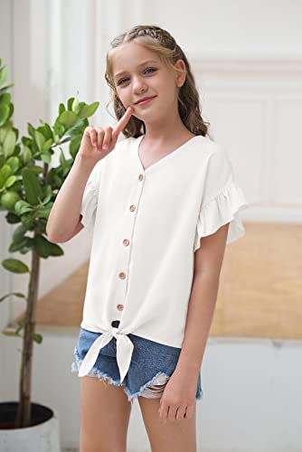 Girls Short Sleeve Shirts V Neck Ruffle Tie Front Knot Tops Button Cute Tunic Shirts Blouse White #TOP2