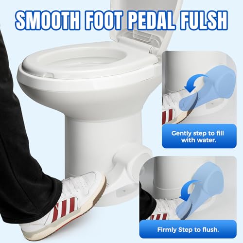 Clirass Efficient Gravity-Flush RV Toilet with Quiet-Close, Triple-Jet Flush with Adjustable Water Level, Standard Height and Foot Pedal for RVs, Trailers, and Campers