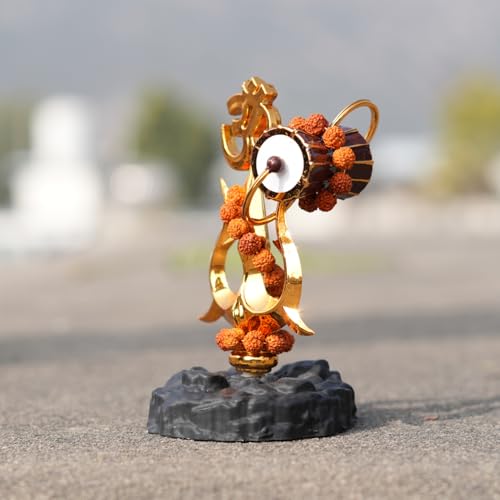 Image of Gold Finish Om Trishul with Damroo & Rudraksha Mala - Divine Lord Shiva Idol for Home, Office & Car Dashboard
