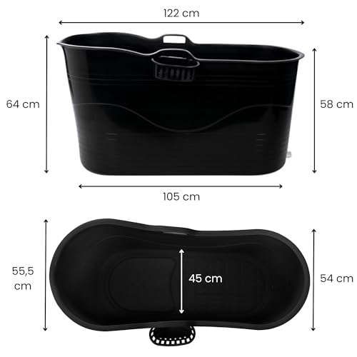 HelloBath® – Bath Bucket XL (Comfort) – 122 cm – Wanna siedząca dla dorosłych – Kąpiel lodowa – Elastyczny wąż odpływowy do 3 m – Dodatki: półka, kranik i pokrowiec ochronny - Czarny