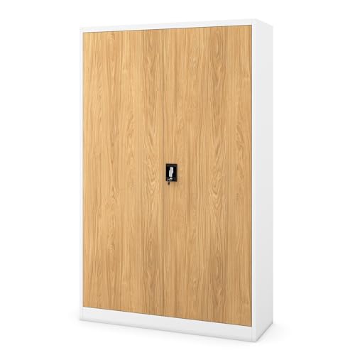 Jan Nowak Aktenschrank Metall 185 x 115 x 40 cm Büroschrank abschließbar Stahlschrank mit 4 verstellbaren Einlegeböden Dokumentenschrank Weiß Goldene Eiche