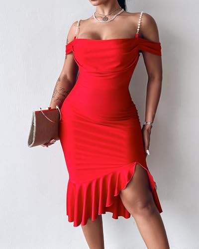 Image of CHICME Womens Sexy Bodycon Party Dress Off The Shoulder Pearls Strap Midi Dress Ruffle Hem Cocktail Dresses