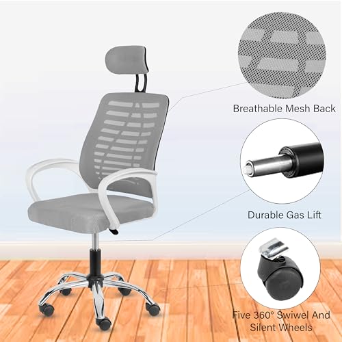 Image of Casa Copenhagen,Mesh Office Desk Chair,Rocking Ergonomic Computer Chair Adjustable High with Headrest and Comfortable Armrest Swivel- Grey Milanage & White Handle