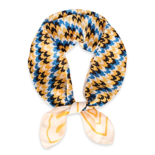 EXTREE Fashion Silky Satin Headscarf for Women Girls: Exquisite Pattern Lightweight Silk Graceful Scarfs 27.5 x 27.5 inches Royal Blue Houndstooth