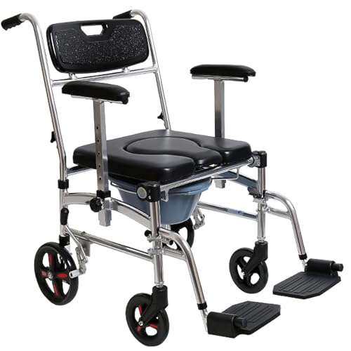 OWOHYG Four In One Wheelchair Toilet Chair, Transport Mobile Shower Chair, Flip Toilet Chair with PU Leather Cushion for Elderly People