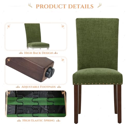 Image of Parsons Dining Chairs Set of 4, Upholstered Nailhead Dining Room Kitchen Side Chair with Thick Cushions and Wood Legs, Green