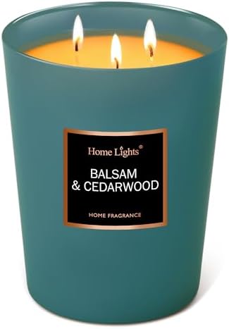 Home Lights Highly Scented Soy Candles Big 33.3 oz for 3 Cotton Wicks, Smokeless Long Lasting 130 hrs in Balsam & Cedar. 5x6, Great Gift for Women & Men