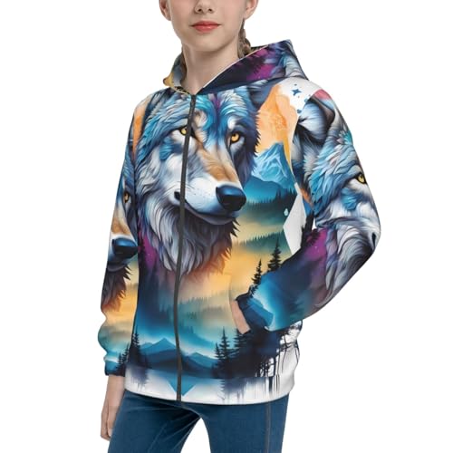 Animal Forest Wolves3 Kids Pullover Hoodies Boys Zip Up Sweatshirts Girls Athletic Clothes with Pocket