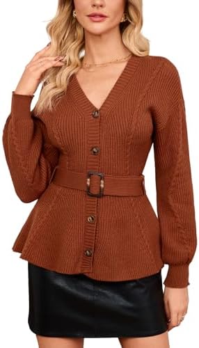 Women's Belted Cable Knit Cardigan Long Sleeve V-Neck Button Down...