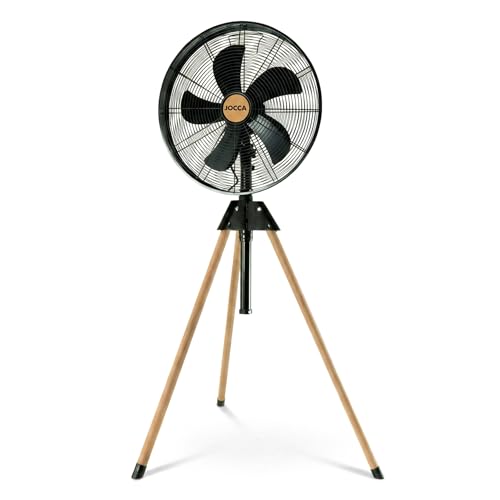 Jocca - Ventilador de Pie Trípode 40cm Estilo Retro Industrial, 5 Aspas Metálicas, 3 Velocidades, Oscilante, Altura 130 cm, Inclinación Ajustable, Diseño Negro y Madera
