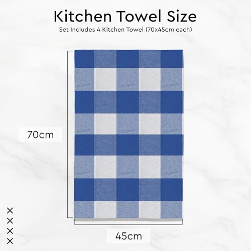 Image of Encasa XO Kitchen Towels Cotton Pack of 4 | 70x45 cm, Buffalo Blue Checks - Dish Cloths | Highly Absorbent Cleaning & Wiping Cloths for Kitchen | Reusable Tea Towels