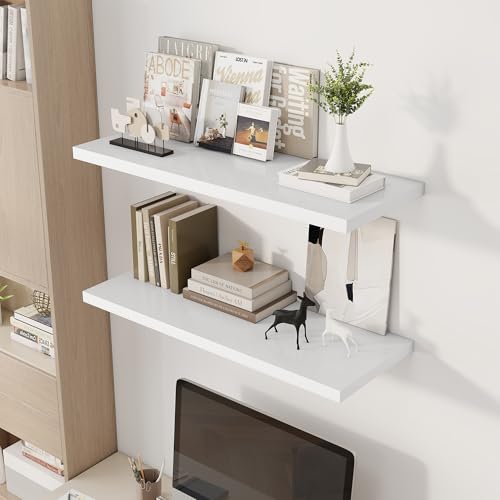 Image of Dreamland 36 inch Floating Shelves for Wall, 12 inch Deep Slim White Floating Shelves, Wall-Mounted Shelves for Bedroom, Living Room, Kitchen, Bathroom - Set of 2