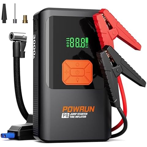 Powrun P9 Jump Starter with Air Compressor, 3000A Battery Jumper Starter Portable Jump Box (Up to 7.5L Diesel /9.0L Gas Engines) with 150 PSI Air Pump, 12V Car Jumper Starter with Carry Case, Orange Cover