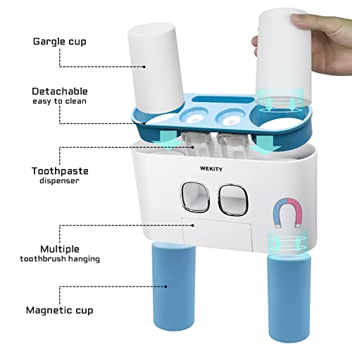 Toothbrush Holder Wall Mounted, Wekity Multi-Functional Toothbrush And Toothpaste Dispenser For Bathroom, With 5 Toothbrush Slots, 2 Toothpaste Squeezers And 4 Cups(Blue) #TOP3