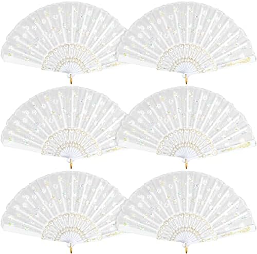 HKACSTHI 6 Packs White Spanish Floral Folding Hand Fan Women Lace Fan Handheld Fans for Wedding and Home Decoration