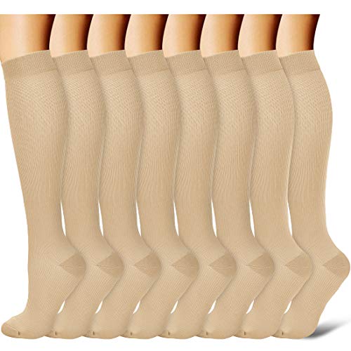 Laite Hebe brand women and men compression socks(8 Pairs)-Best Medical,Nursing,Hiking,Travel,Running,Large/X-Large,beige