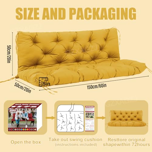 Image of Porch Swing Cushions Outdoor 60x40 inch Waterproof Thicken 5 inch Outdoor Swing Replacement Cushions with Backrest and Ties Patio Swing Cushion for Outdoor Furniture Backyard Bench Garden(Yellow)