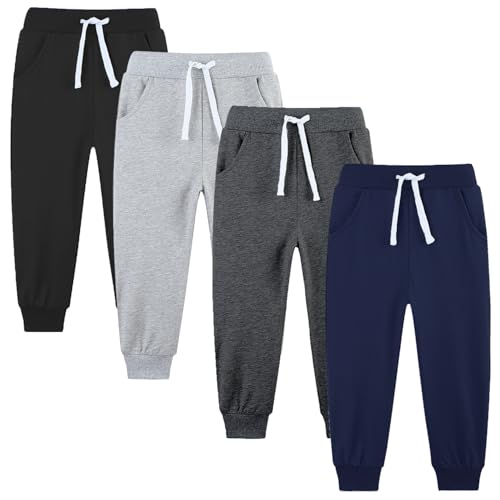 Avsead Kids Boy Sweatpants Pants,4 Pack Pull On Cotton Jogger Outfits Clothes Sweat Pant Navy/Light Gray/Black/Dark Gray Size 6-7 Years