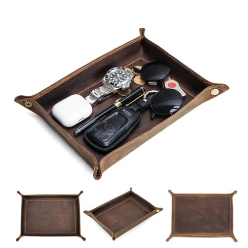 CONTACTS Bandeja de Couro Crazy Horse para Mesa – Porta-Chaves de Mesa, Bandeja de Cabeceira, Suporte de Cabeceira e Organizadora de Joias, Carteiras e Uso no Escritório ou Casa – Premium
