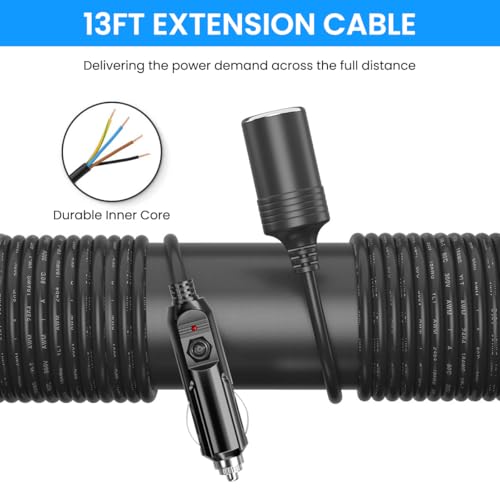 Image of STHIRA13ft Cigarette Lighter Extension Cord, 12V /24V DC Car Lighter Extender Lighter Socket Extension with Cap, Universal Vehicle Car Lighter Extension Cord