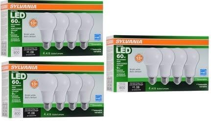 (3) 4-Packs - 12 Lightbulbs - Sylvania Home Lighting 78038 A19 Sylvania Ultra 60W Equivalent LED Light Bulb, Dimmable, Efficient 9W Color 3500K (4-Pack), Bright White, 4 Piece