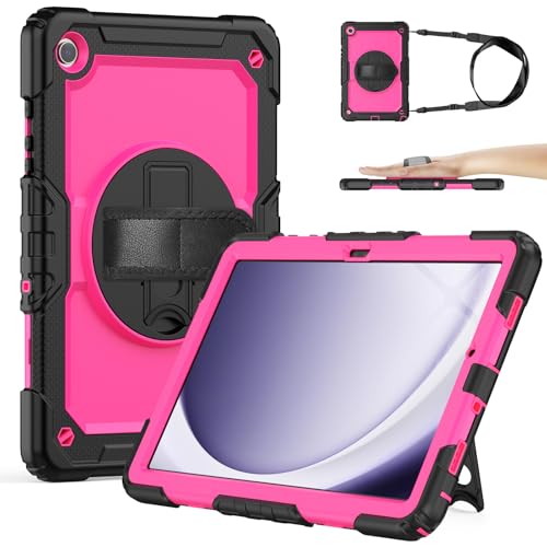 SIBEITU Galaxy Tab A9+ Case 11 Inch 2023 | Case for Samsung Galaxy Tab A9 Plus with Screen Protector| Rugged Full-Body Drop Protective Tab A9+ Cover w/Stand Hand Grip Shoulder Strap| Rose Red