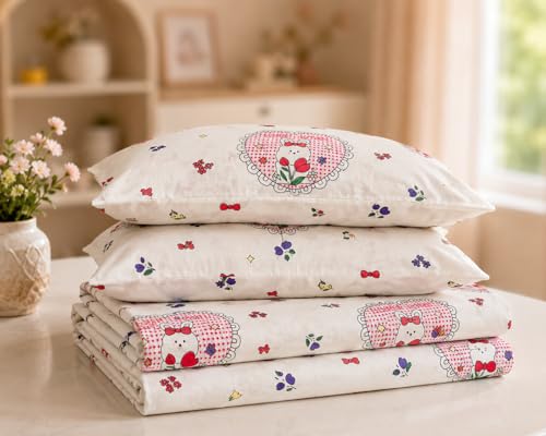 Image of Queen Size Bedsheet and Pillow Case Set - 3 Piece Super Soft Cotton Printed Bed Sheet, Cute Girly Floral & Bunny Pattern, Lightweight & Breathable (Queen, 90 inch x 100 inch)
