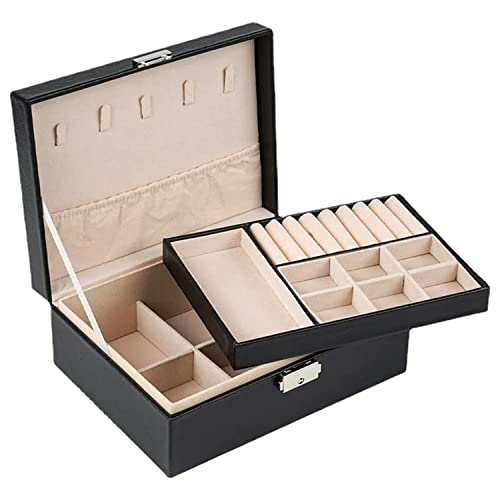 AMERTEER Jewelry Box Organizer For Women & Girls - Double Layer Velvet Jewelry Storage Box With Lock & Removable Tray Black Jewelry Case For Necklaces Earrings Rings Bracelets And Watches