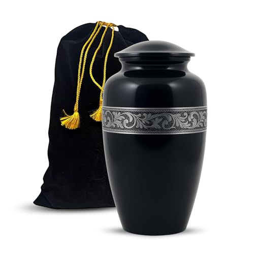 Image of Silver Engraved Aluminium Cremation Urn for Human Ashes Adult - Handcrafted Funeral Memorial Ash Storage Urn - Bag Included (Black, 6.5 inch x 6.5 inch x 10.5 inch - 200lbs or 91kg)