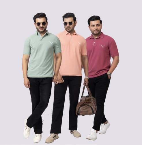 Image of HANABY Men's Summer Polo Solid Half Sleeves Polycotton T-Shirt | Collar Breathable and Comfortable T-Shirt (Pack of 3)