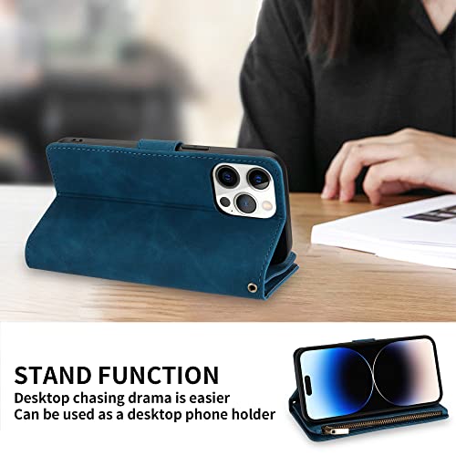 Zzxx Iphone 14 Pro Case Wallet With [Rfid Blocking] Card Slot Premium Soft Pu Leather Zipper Flip Folio With Wrist Strap Kickstand Protective Cover For Iphone 14 Pro Wallet Case(Blue-6.1 Inch) #TOP5