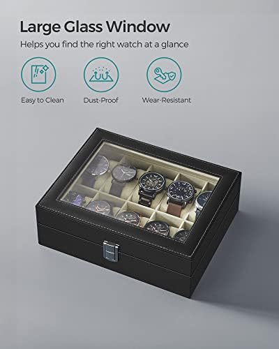 SONGMICS Watch Box with 10 Slots, Watch Case with Glass Lid, Watch Display Box with Removable Watch Pillows, Metal Clasp, Gift Idea, Black Synthetic Leather, Greenish Beige Lining JWB010