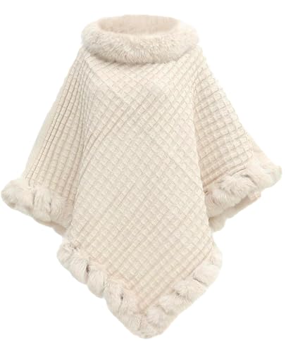 JFAN Damen Poncho Strick Cape Winter Warm Pullover Umhängetuch Elegante Strickponcho mit Kunstpelz Rundhal Beige