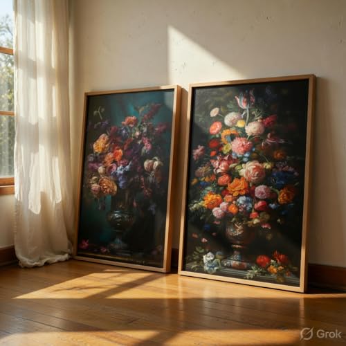 Image of Livin'luxe Vintage Floral Vase Wall Painting Set of 2 with Wooden Frames | Classic Flower Bouquet Artwork HD Sparkle Laminated MDF Wall Decor | Elegant Botanical Wall Art for Living Room Bedroom