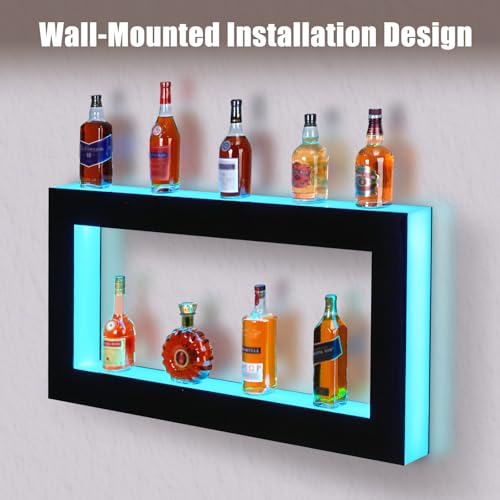 Liquor Bottle Display Shelf, Square 2 Tier 48 Inches Commercial LED Lighted Liquor Shelves with Remote & App Control, 16 Colors, Bottle Stand Multi-Color Lighting Modes for Bar