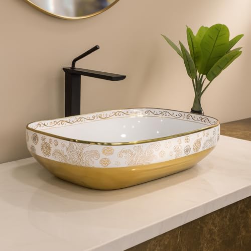 Image of BASSINO 20x14x6 Inches Ceramic Counter Top Wash Basin /White & Rose Gold Basin for Bathroom /Modern Design /Rectangular Shape Tabletop Washbasin for Restaurant /Dining Hall /Living Room /Home(Glossy)