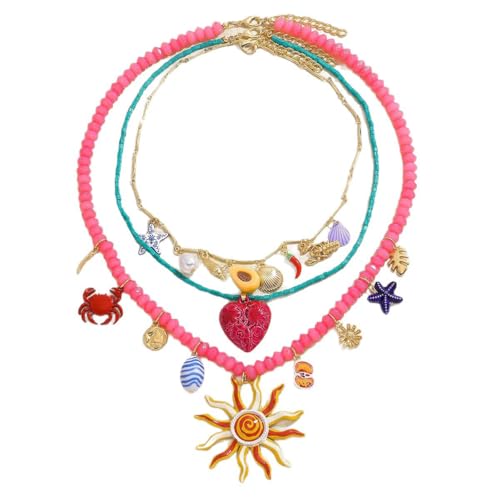 Bohemian Beaded Pendant Necklace for Women fashion Stacking Sea Life necklace Gold Adjustable Sun Flower Shell Crab Love Necklace Summer Beach Surfer Jewelry for Women