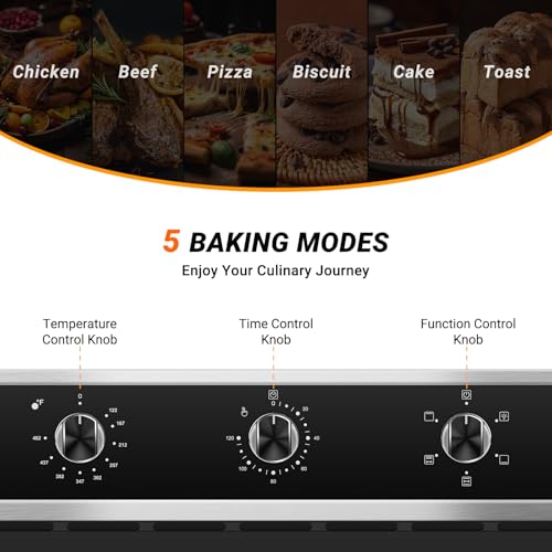AMZCHEF 24" Single Wall Oven, 2.65 Cu.ft. Built-in Electric Wall Oven with 5 Cooking Functions, 360° ROTATING ROTISSERIE, 2200W, Mechanical Knobs Control, Timer, Stainless Steel Wall Oven for Kitchen