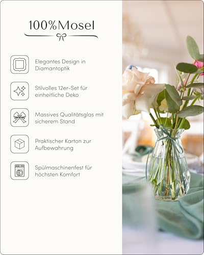 100% Mosel Glasvasen, 12 Stück (14,5 cm x 8,9 cm) Klarglas Vasen im Diamant Design – Tischvasen für Hochzeit, Taufe, Kommunion, Konfirmation & Geburtstage
