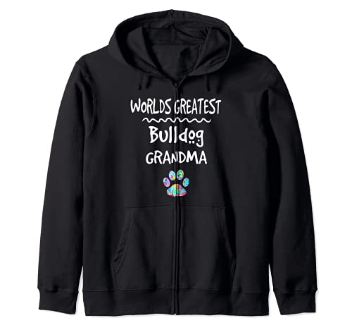 Worlds Greatest Bulldog Grandma Cute Dog Paw Print Pet Love Zip Hoodie, Black