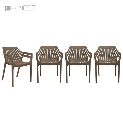 Image of OAKNEST Supreme Spectrum Plastic Arm Chair - Modern Slatted Stackable Chair for Living Room, Dining, Garden, Balcony, Restaurant & Cafe | Indoor Outdoor Designer Chair, Set of 4, Dark Beige