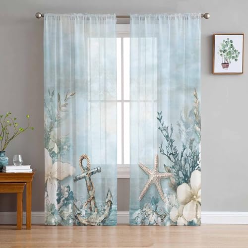 Ianokkcant Turquoise Coastal Sheer Curtains 84 Inches Long 2 Panels