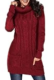 Viottiset Damen Strickpullover Kleid Langarm Minikleider Winter Herbst Elegant Sexy Wickeln Rubin Rollkragen Taschen XL