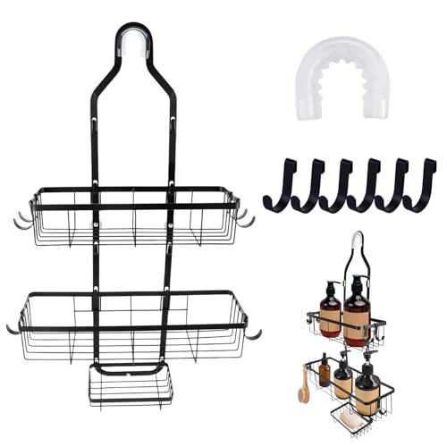 HMIEPRS Shower Caddy Hanging, 3-Tier Bathroom Shelves with Soap Dish & Hooks, No Drill Over Head Bathroom Caddy, Rustproof Black Shower Storage Organiser Rack for Shampoo Soap Towels