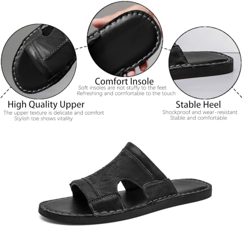 Image of Men's Leather Cutout Slides Sandals Comfortable Lightweight Open Toe Anti-Slip Soft Bottom Slip On Slippers Summer Outdoor Casual Beach Sandals