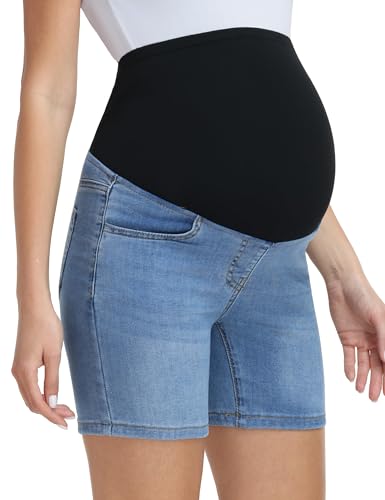 Gowjog Jeans Shorts Umstandsmode Umstandsshorts Jeans über dem Bauch Trendige Sommer Umstandsjeans Kurz Umstandsjeansshorts (Mittelblau M)