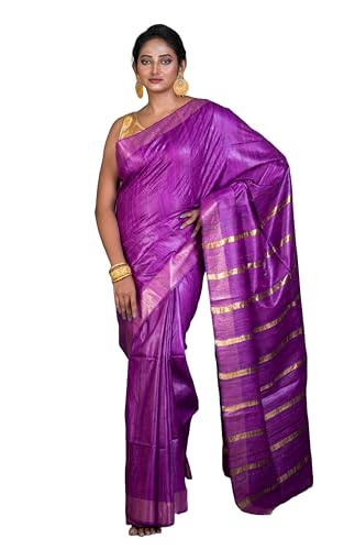 Indian Silk Gicha Tussar Saree with Blouse Piece Woven Gold Bands Pallu in Purple and Golden